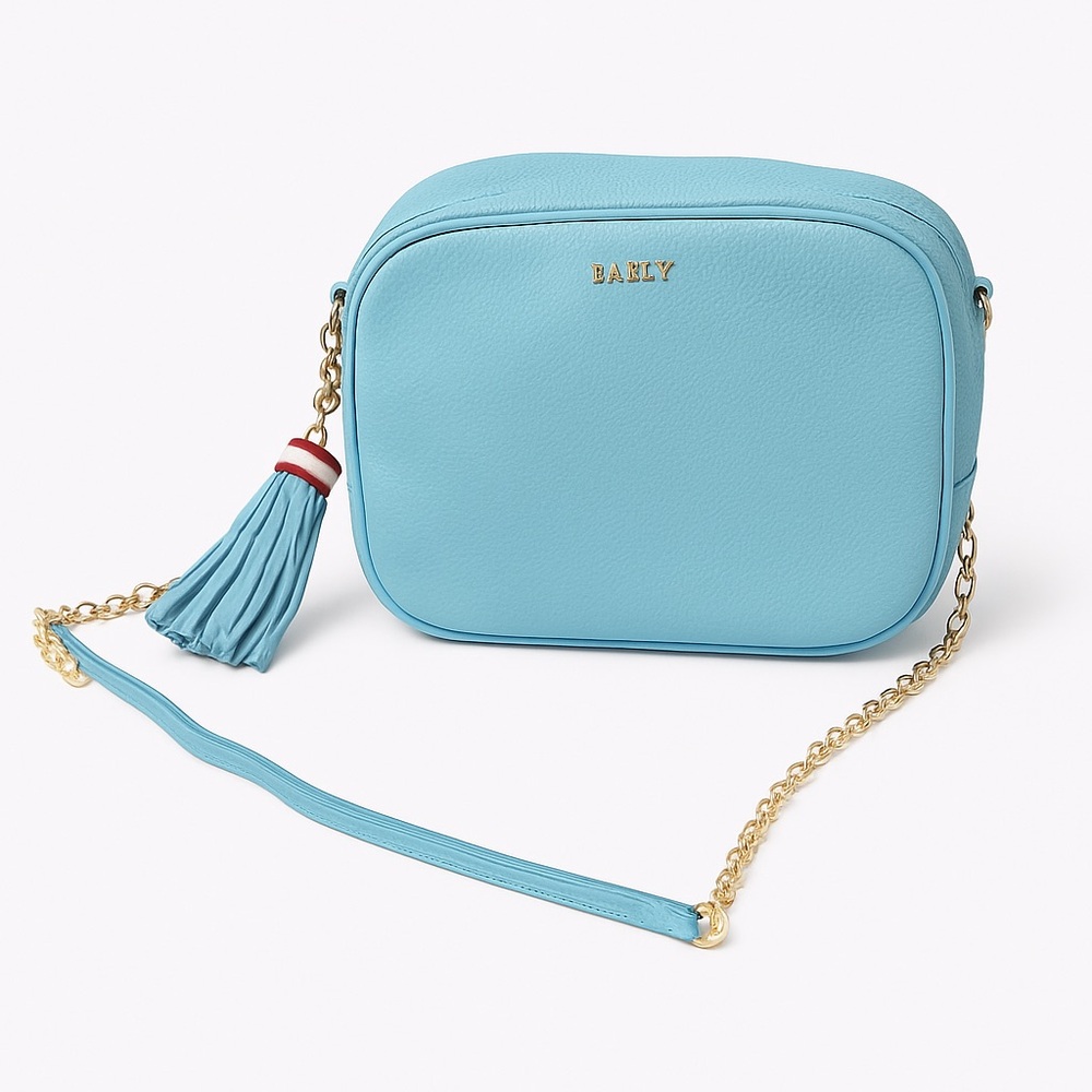 Bally Leather Crossbody Bag in Soft Blue with Tassel & Gold Chain size 9”x6”x3”
